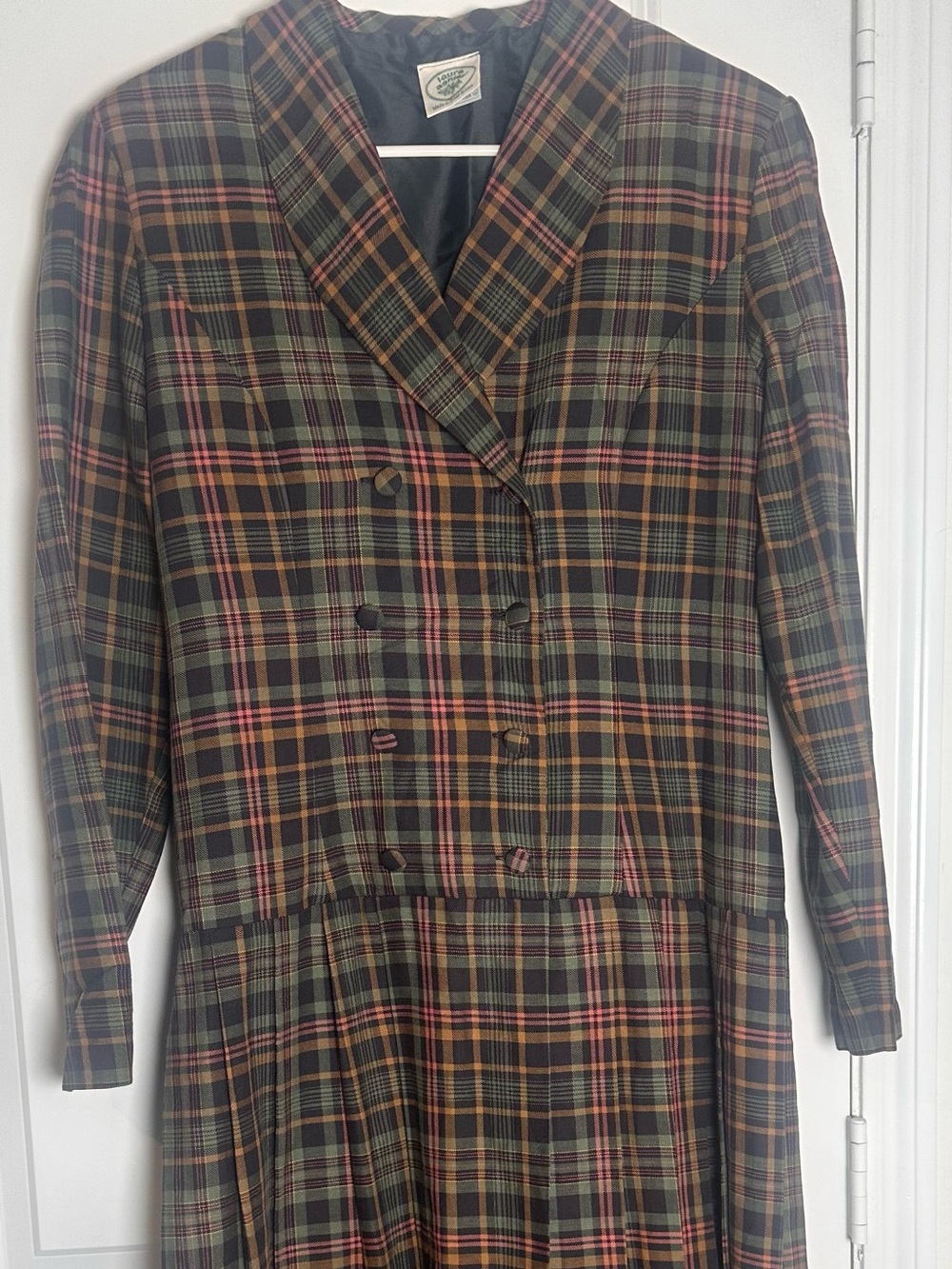 Laura Ashley Olive and Rust Plaid Long Sleeve Double-Breasted Dress